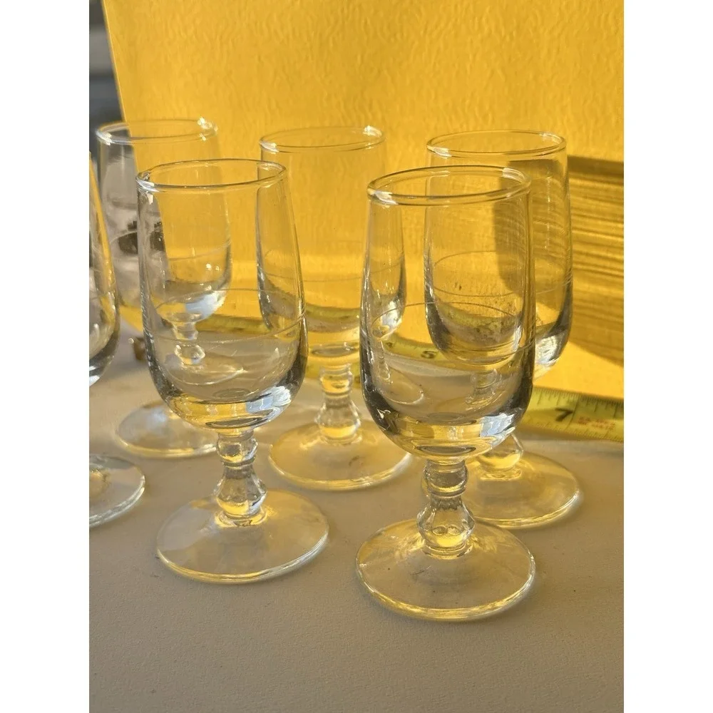 Vintage Liqueur Glass set of‎ six 1950s Mini Colombian PattW/ Etched Liquor Line